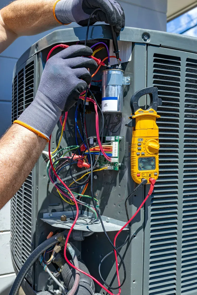 HVAC technician testing compressor wiring inside an open air conditioning condenser cabinet